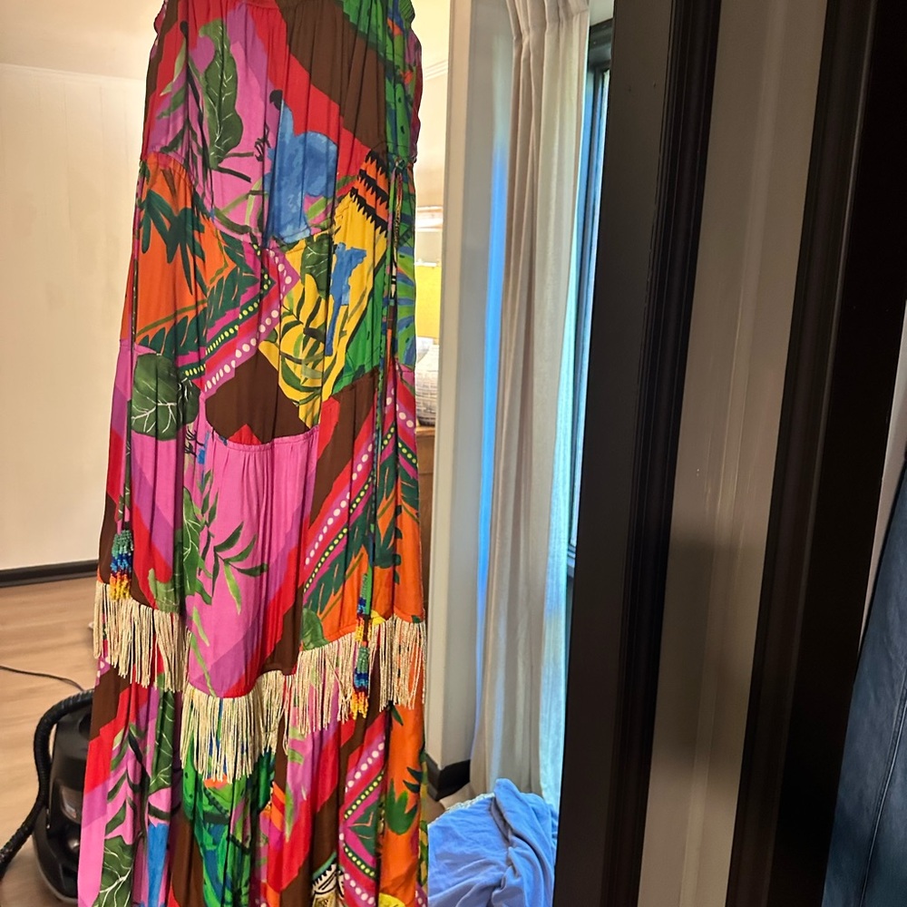 FARM Rio Pink and Yellow Asymmetrical Tiered Maxi Dress